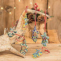 Ceramic ornaments, 'Festive Gecko' (set of 6)