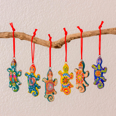 Ceramic ornaments, 'Festive Gecko' (set of 6) - Handcrafted Guatemalan Ceramic Lizard Ornaments (Set of 6)