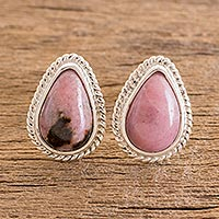 Rhodonite button earrings, 'Pink Energy' - Drop-Shaped Rhodonite Button Earrings from Guatemala
