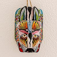 Wood mask, 'Floral Tiger' - Hand-Carved Pinewood Floral Tiger Mask from Guatemala