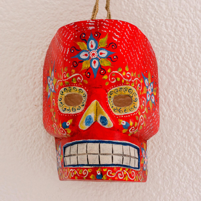 Wood mask, 'Red Day of the Dead' - Wood Day of the Dead Skull Mask in Red from Guatemala