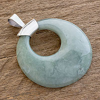 Jade pendant, 'Serene' - Circular Polished Jade Pendant with Sterling Silver Bail