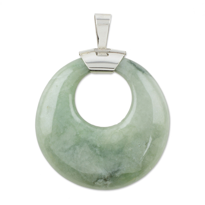 Jade pendant, 'Serene' - Circular Polished Jade Pendant with Sterling Silver Bail