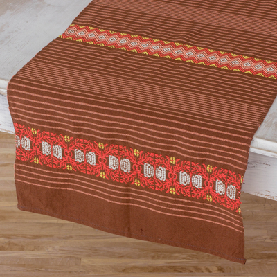 Cotton table runner, 'Striped Paths in Chestnut' - Striped Cotton Table Runner in Chestnut from Guatemala