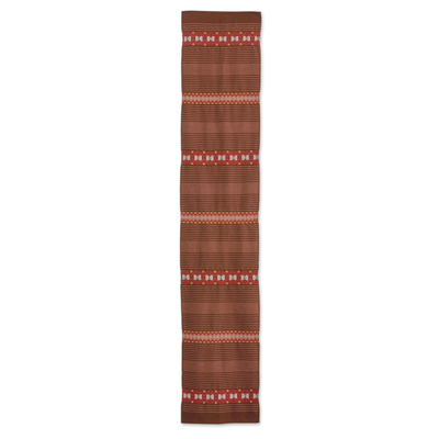 Cotton table runner, 'Striped Paths in Chestnut' - Striped Cotton Table Runner in Chestnut from Guatemala