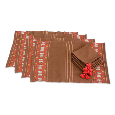 Cotton table linen set, 'Striped Paths in Chestnut' (set of 4) - Cotton Table Linen Set (4) in Chestnut from Guatemala