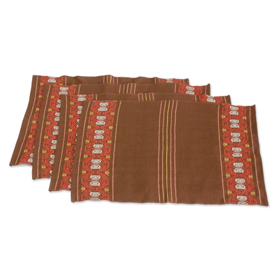Tischwäsche-Set aus Baumwolle, „Striped Paths in Chestnut“ (4er-Set) - Baumwoll-Tischwäsche-Set (4) in Kastanie aus Guatemala
