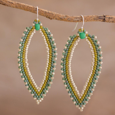 Beaded dangle earrings, 'River Leaf' - Green and Ivory Leaf-Shaped Beaded Dangle Earrings