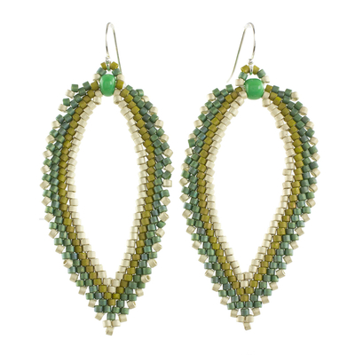Beaded dangle earrings, 'River Leaf' - Green and Ivory Leaf-Shaped Beaded Dangle Earrings