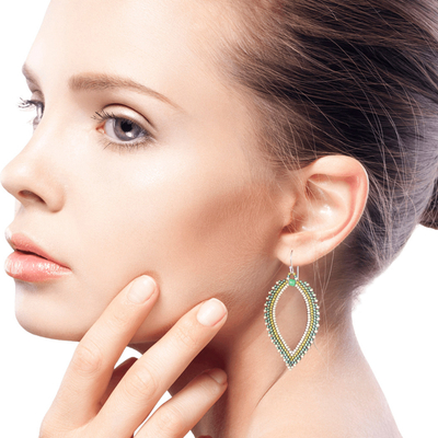 Beaded dangle earrings, 'River Leaf' - Green and Ivory Leaf-Shaped Beaded Dangle Earrings