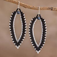 Beaded dangle earrings, 'Leaves at Nightfall' - Black and Grey Leaf-Shaped Beaded Dangle Earrings