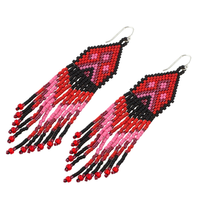 Beaded waterfall earrings, 'Peaks and Valleys in Red' - Red, Pink and Black Woven Bead Waterfall Earrings
