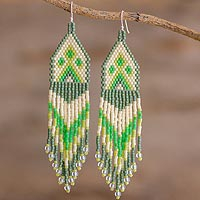 Beaded waterfall earrings, 'Peaks and Valleys in Green' - Green and Ivory Woven Bead Waterfall Earrings