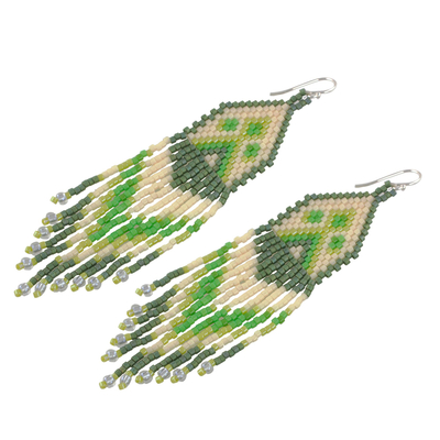 Beaded waterfall earrings, 'Peaks and Valleys in Green' - Green and Ivory Woven Bead Waterfall Earrings