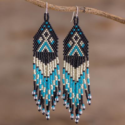 Beaded waterfall earrings, 'Peaks and Valleys in Black' - Blue and Black Boho Hand Beaded Waterfall Earrings
