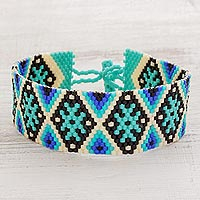 Beaded wristband bracelet, 'Sea Stars' - Blue and Black Geometric Beaded Wristband Bracelet
