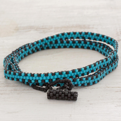 Glass beaded wrap bracelet, 'Stormy Sky' - El Salvador Blue and Black Beaded Wrap Bracelet