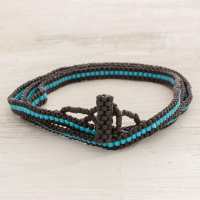 Beaded wrap bracelet, 'Sky Stripes' - Fair Trade Blue and Black Striped Beaded Wrap Bracelet