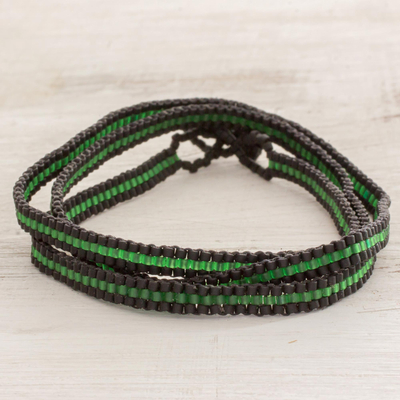 Beaded wrap bracelet, 'Field Stripes' - Boho Green and Black Striped Hand Beaded Wrap Bracelet
