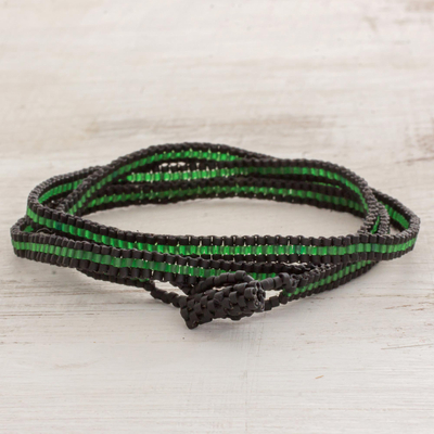 Beaded wrap bracelet, 'Field Stripes' - Boho Green and Black Striped Hand Beaded Wrap Bracelet