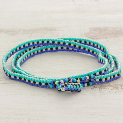 Beaded wrap bracelet, 'Oceans of Stars' - Salvadoran Fair Trade Blue and Black Beaded Wrap Bracelet