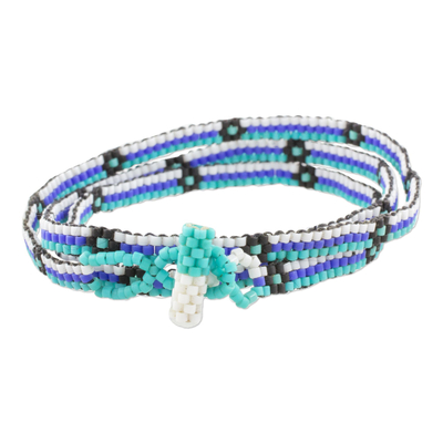 Wickelarmband mit Perlen - Blaues und schwarzes Wickelarmband mit Blumen und Streifen und Perlen