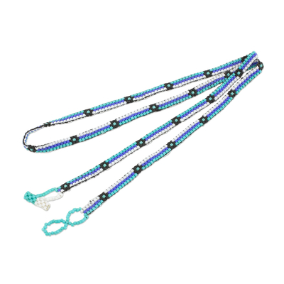 Beaded wrap bracelet, 'Ocean Blooms' - Blue and Black Flower and Stripes Beaded Wrap Bracelet