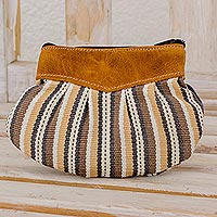 Leather-accented cotton clutch handbag, 'Modern Mocha' - Cream and Brown Striped Cotton Leather Accent Clutch Handbag