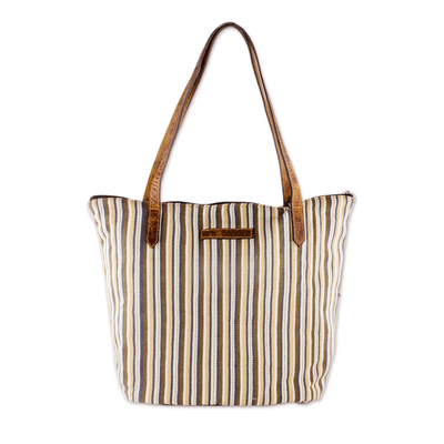 Cream and Brown Striped Hand Woven Cotton Tote Bag