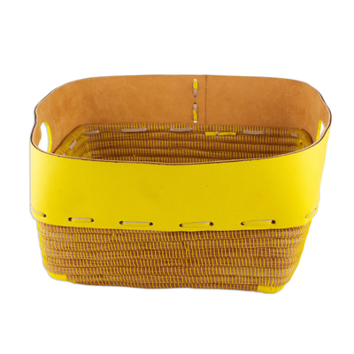 Leather and pine needle decorative basket, 'Sunny Yellow' - Leather and Pine Needle Decorative Basket from Nicaragua