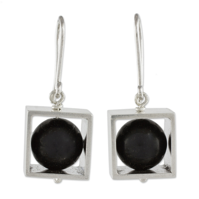 Onyx dangle earrings, 'Frames' - Square Sterling Silver Frame with Onyx Orb Dangle Earrings