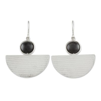 Onyx dangle earrings, 'Geometric Sheen' - Handcrafted Sterling Silver and Onyx Dangle Earrings