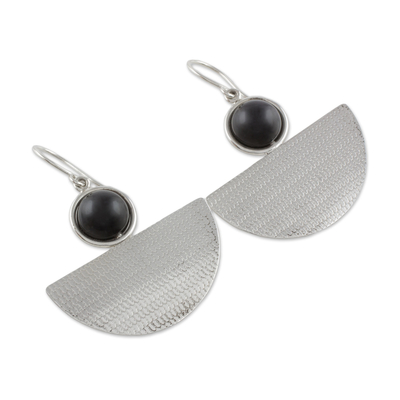 Onyx dangle earrings, 'Geometric Sheen' - Handcrafted Sterling Silver and Onyx Dangle Earrings