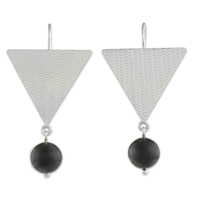Onyx dangle earrings, 'Triangle Sheen' - Handcrafted Sterling Silver and Onyx Dangle Earrings