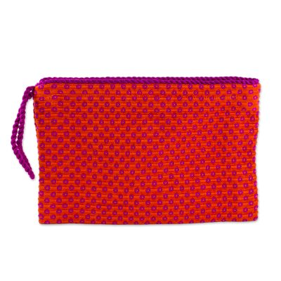 Orange with Fuchsia Flowers Cotton Hand Woven Wristlet