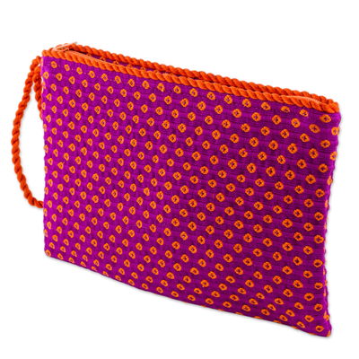 Armband aus Baumwolle - Handgewebtes Armband aus Baumwolle in Fuchsia mit orangefarbenen Blumen