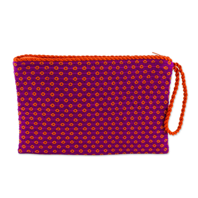 Armband aus Baumwolle - Handgewebtes Armband aus Baumwolle in Fuchsia mit orangefarbenen Blumen