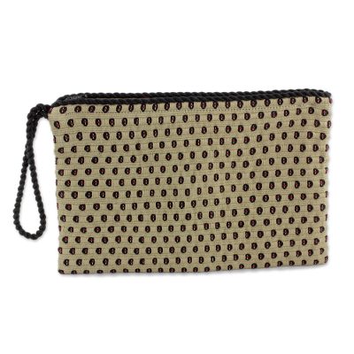 Beige with Black and Red Dots Cotton Hand Woven Wristlet