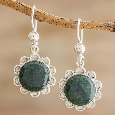 Jade dangle earrings, 'Dark Green Solar Flower' - Dark Green Jade Dangle Earrings from Guatemala
