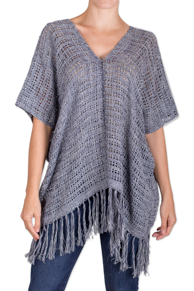 Blue Cotton and Recycled Denim Poncho from Guatemala