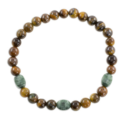 Jade and tiger's eye beaded stretch bracelet, 'Authentic Beauty' - Jade and Tiger's Eye Beaded Stretch Bracelet from Guatemala