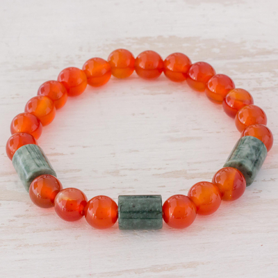 Jade and agate beaded stretch bracelet, 'Mountain Daybreak' - Jade and Orange Agate Beaded Stretch Bracelet from Guatemala
