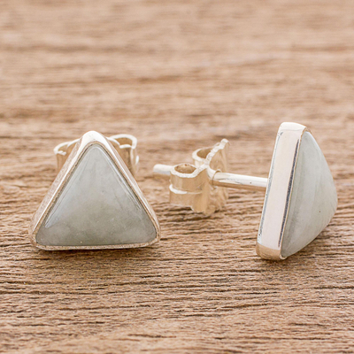 Jade stud earrings, 'Triangle Allure' - Jade and Sterling Silver Triangle Stud Earrings