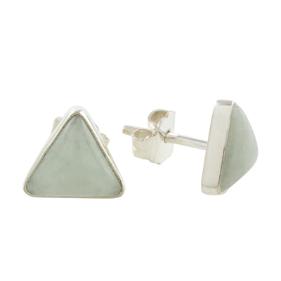 Jade stud earrings, 'Triangle Allure' - Jade and Sterling Silver Triangle Stud Earrings