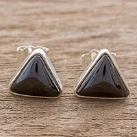 Jade stud earrings, 'Triangle Mystique' - Black Jade and Sterling Silver Triangle Stud Earrings