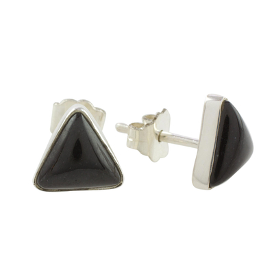 Jade stud earrings, 'Triangle Mystique' - Black Jade and Sterling Silver Triangle Stud Earrings