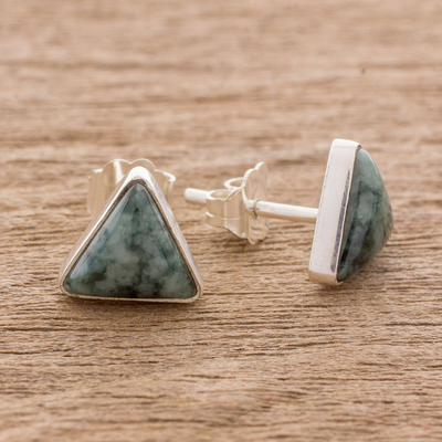 Jade stud earrings, 'Triangle Perfection' - Jade and Sterling Silver Triangle Stud Earrings