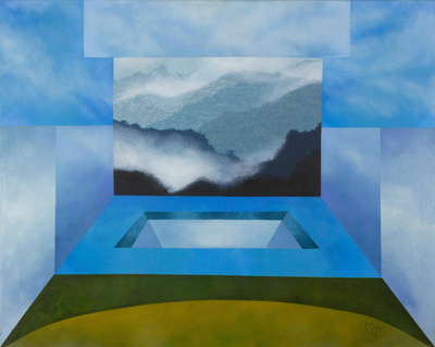 Costa Rican Geometric Themed Mountain Landscape Painting