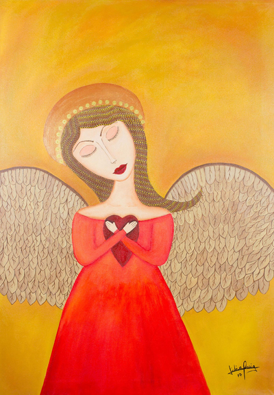 Naif Style Acrylic Painting of Female Angel Holding Heart - Heart of an ...