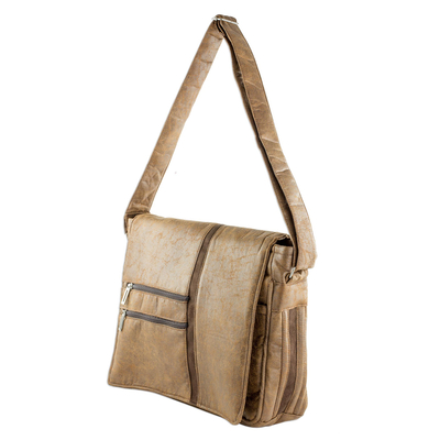Faux leather messenger bag, 'Voyage to Foreign Lands' - Faux Leather Messenger Bag in Sepia from Costa Rica
